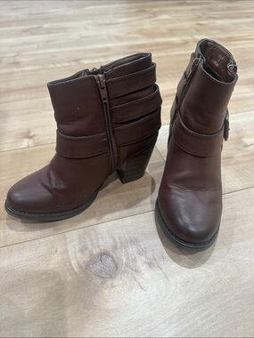 Cathy Jean Dark Brown Strappy Block Heel Ankle Boots